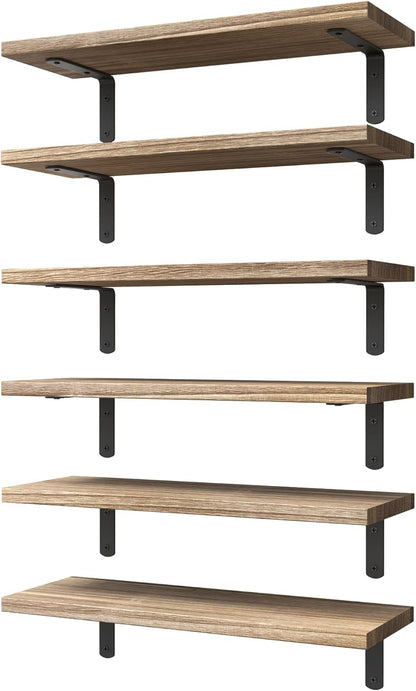 WOPITUES Floating Shelves Set of 6 for Wall Decor & Storage, Rustic Brown