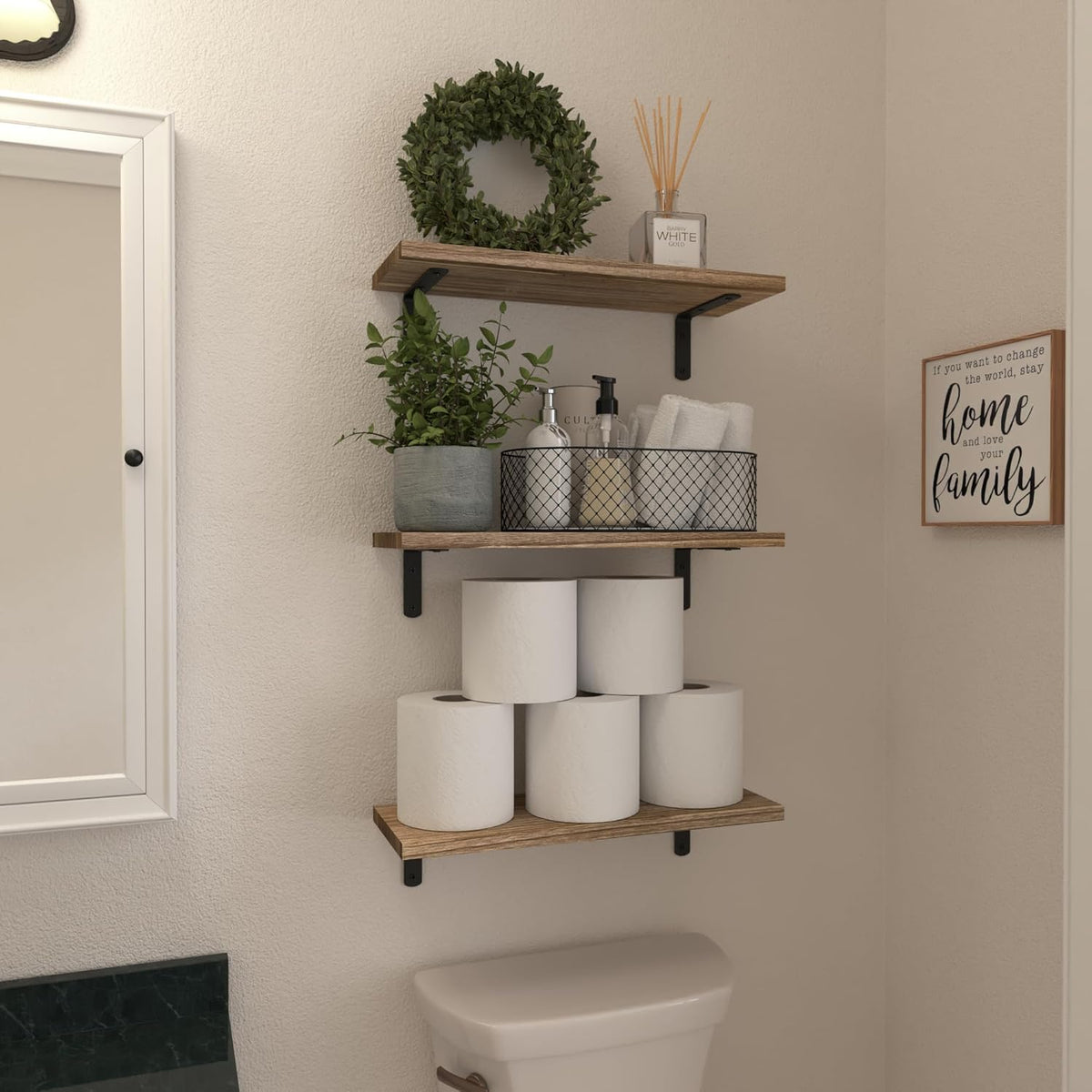 WOPITUES Floating Shelves Set of 6 for Wall Decor & Storage, Rustic Brown