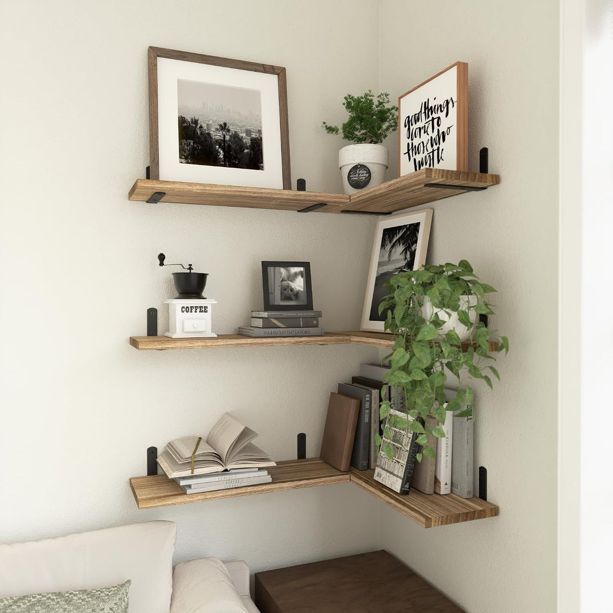 WOPITUES Floating Shelves Set of 6 for Wall Decor & Storage, Rustic Brown