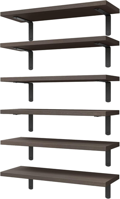 WOPITUES Floating Shelves Set of 6 for Wall Decor & Storage, Rustic Brown