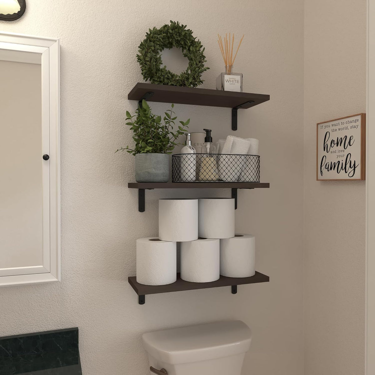 WOPITUES Floating Shelves Set of 6 for Wall Decor & Storage, Rustic Brown