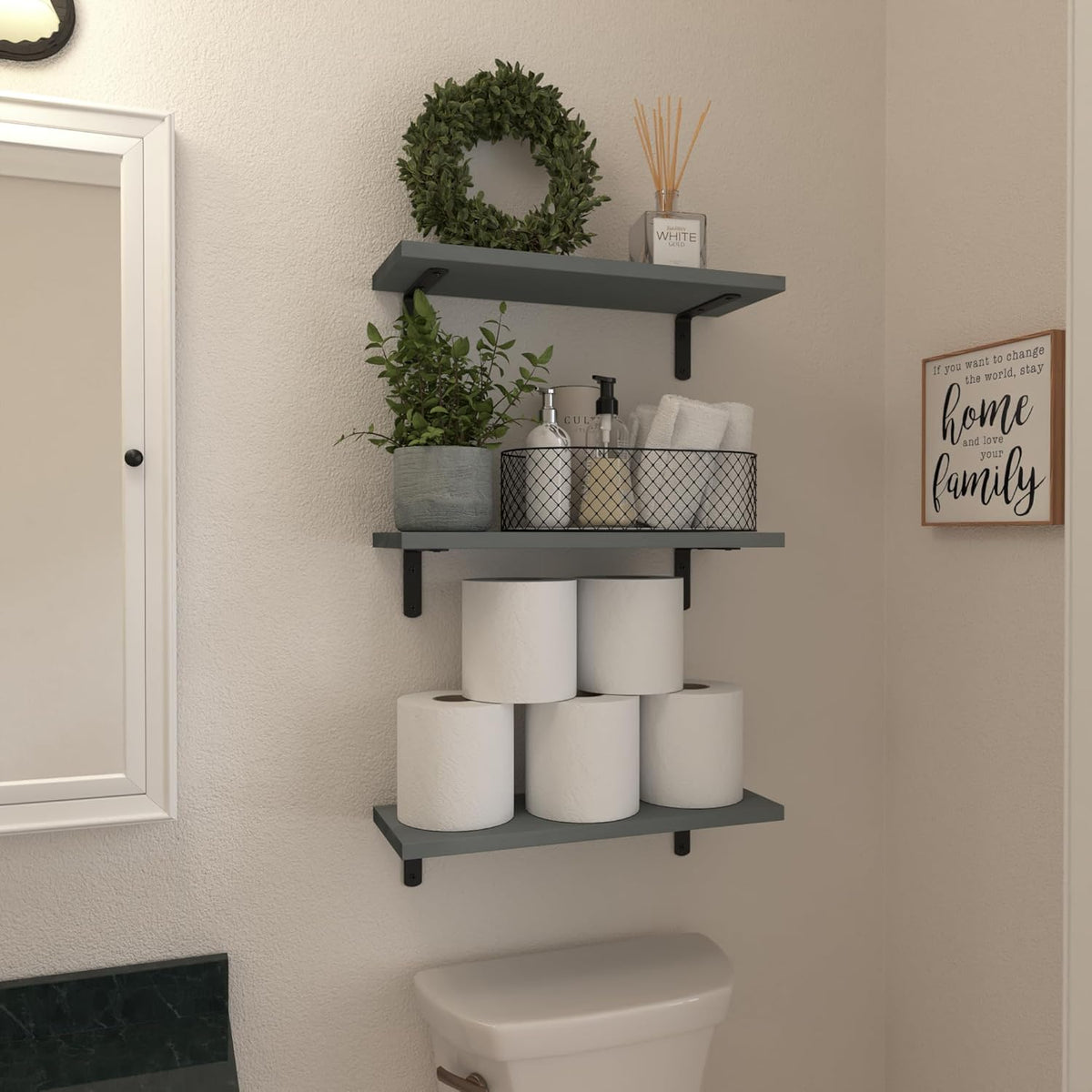 WOPITUES Floating Shelves Set of 6 for Wall Decor & Storage, Rustic Brown