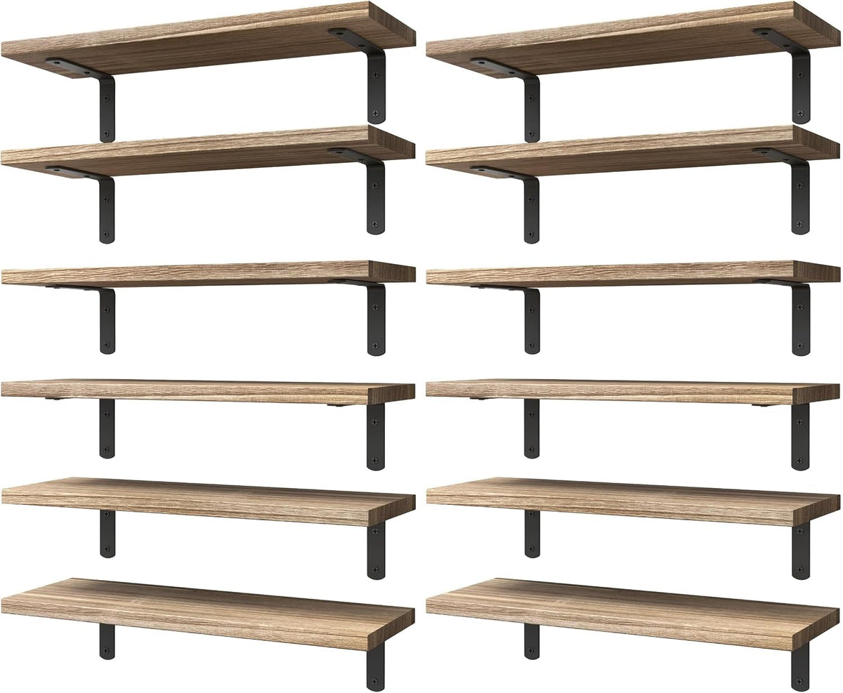 WOPITUES Floating Shelves Set of 6 for Wall Decor & Storage, Rustic Brown