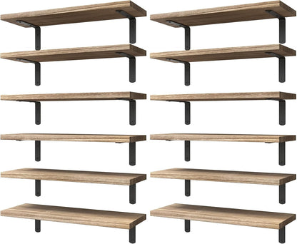 WOPITUES Floating Shelves Set of 6 for Wall Decor & Storage, Rustic Brown