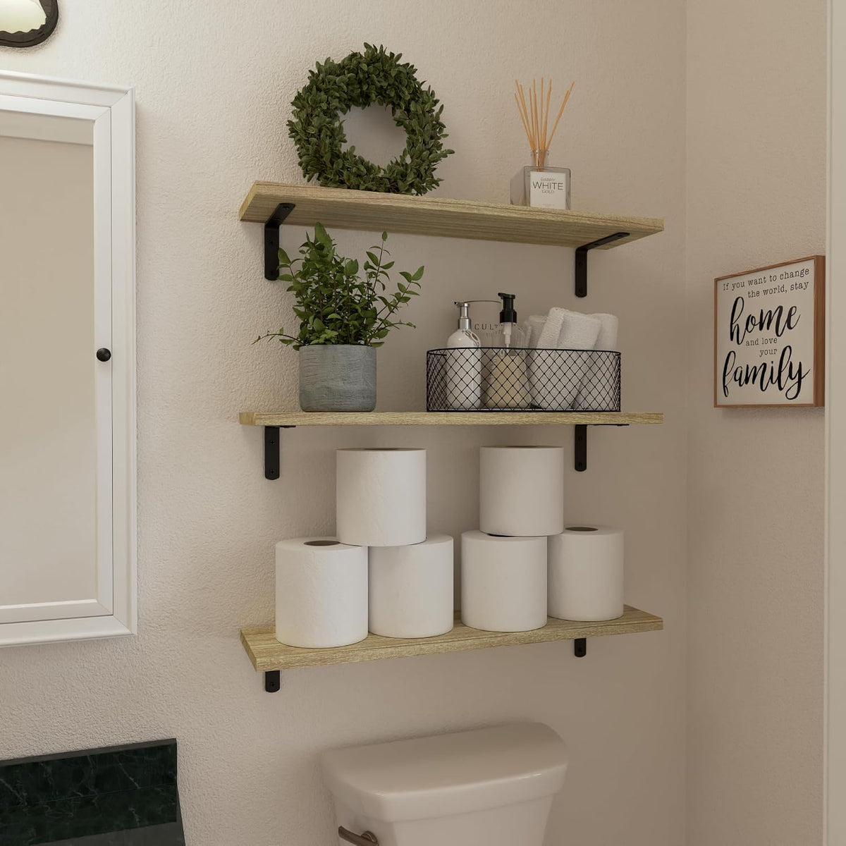 WOPITUES Floating Shelves Set of 6 for Wall Decor & Storage, Rustic Brown