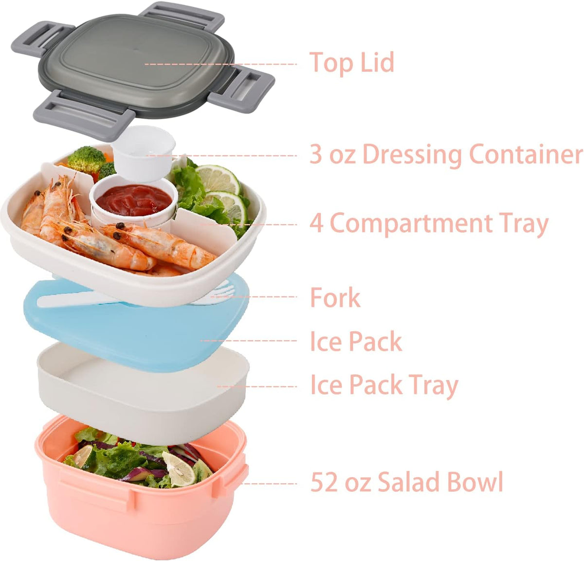 Salad Lunch Container To Go, BPA-Free 52-oz Salad Bowls to go for lunch