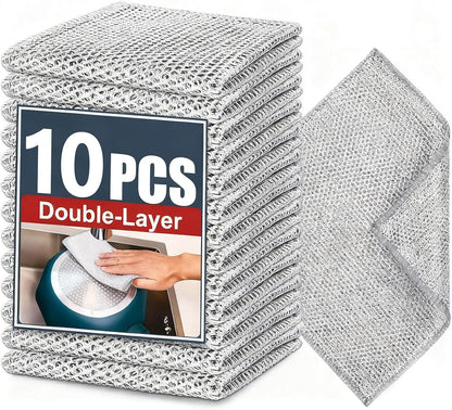 Double-Layer Steel Wire Cleaning Cloth - Non-Scratch Wire Dishcloth Rag Heavy Duty Scrub Pads Multi-Purpose Silver Mesh Scouring Pads for Dishes, Pots, Pans (10 pcs)