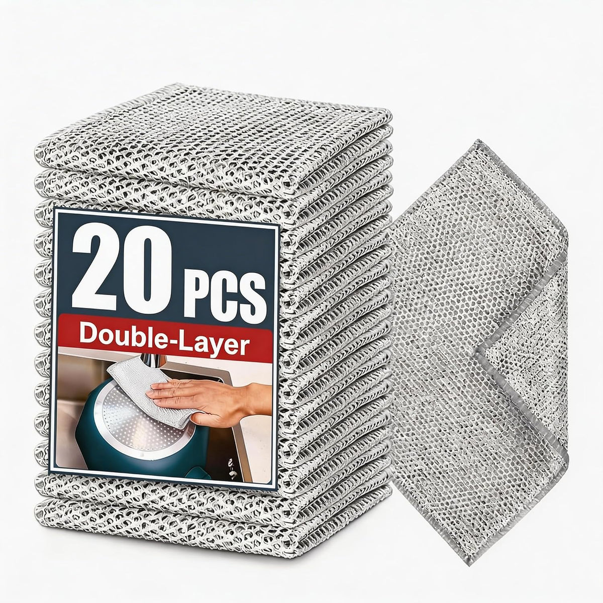 Double-Layer Steel Wire Cleaning Cloth - Non-Scratch Wire Dishcloth Rag Heavy Duty Scrub Pads Multi-Purpose Silver Mesh Scouring Pads for Dishes, Pots, Pans (10 pcs)