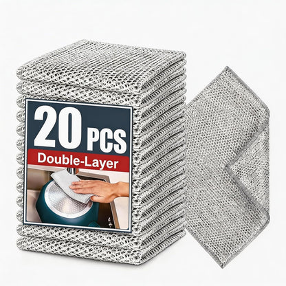 Double-Layer Steel Wire Cleaning Cloth - Non-Scratch Wire Dishcloth Rag Heavy Duty Scrub Pads Multi-Purpose Silver Mesh Scouring Pads for Dishes, Pots, Pans (10 pcs)