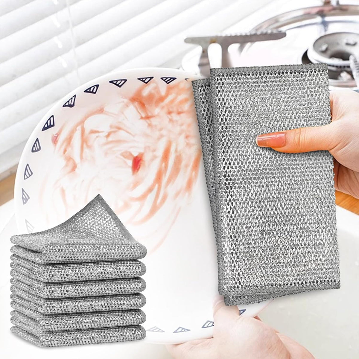 Double-Layer Steel Wire Cleaning Cloth - Non-Scratch Wire Dishcloth Rag Heavy Duty Scrub Pads Multi-Purpose Silver Mesh Scouring Pads for Dishes, Pots, Pans (10 pcs)