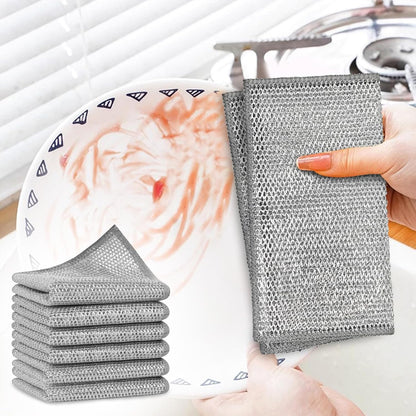 Double-Layer Steel Wire Cleaning Cloth - Non-Scratch Wire Dishcloth Rag Heavy Duty Scrub Pads Multi-Purpose Silver Mesh Scouring Pads for Dishes, Pots, Pans (10 pcs)