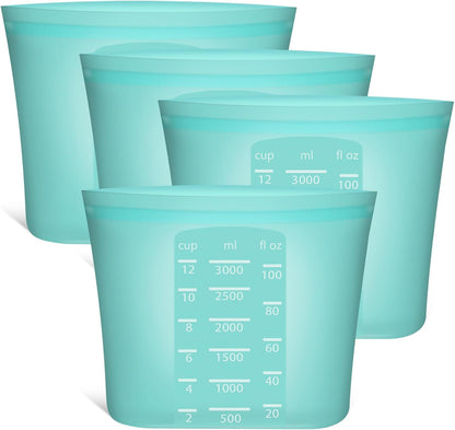 Extra Large Reusable Silicone Food Storage Bags 4 Pack, 0.8 Gallon/3000ml, 100% Silicone Stand-Up Wide-Open Zip-Lock Reusable Bags for Large Items, Microwave Freezer Oven Dishwasher Safe, Translucent