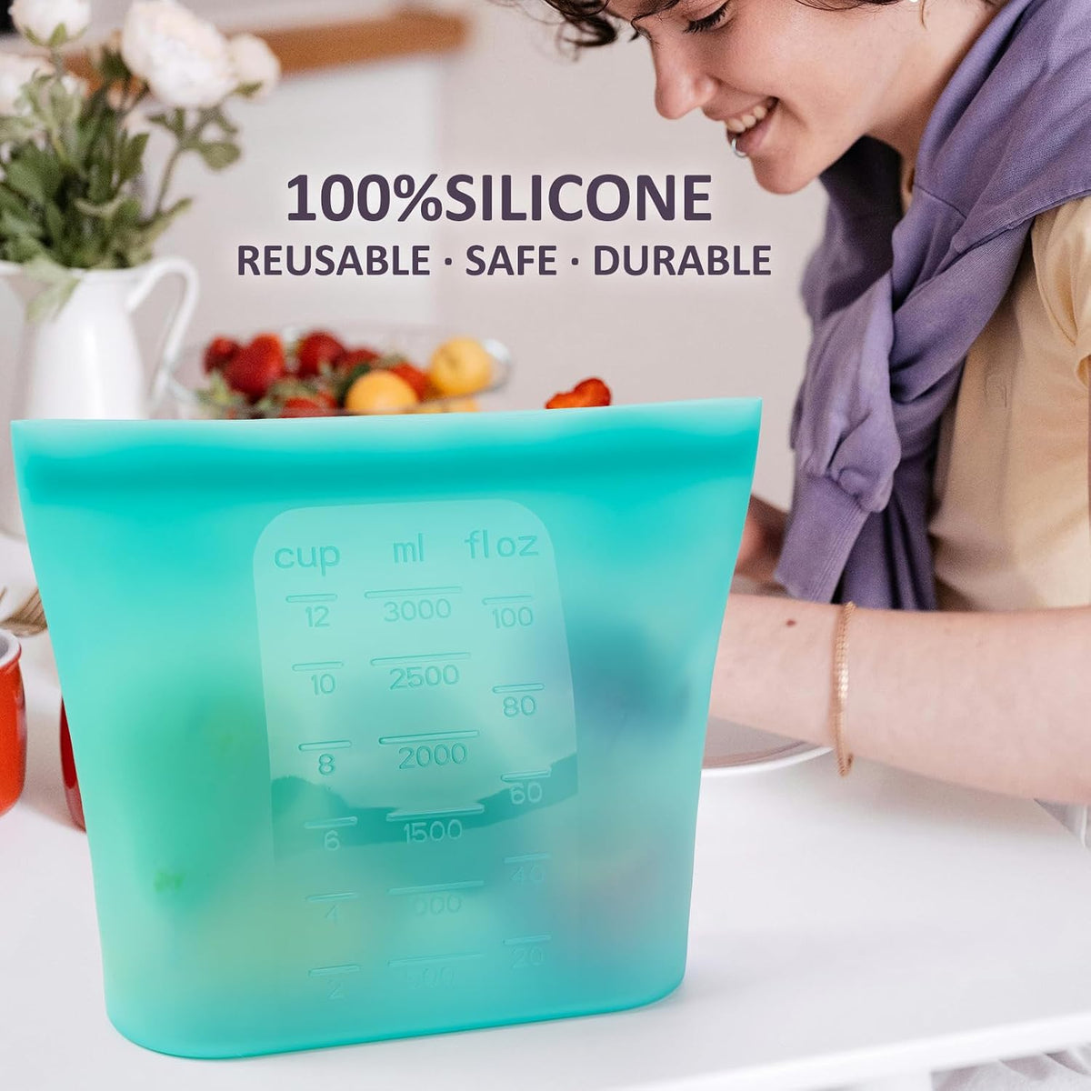 Extra Large Reusable Silicone Food Storage Bags 4 Pack, 0.8 Gallon/3000ml, 100% Silicone Stand-Up Wide-Open Zip-Lock Reusable Bags for Large Items, Microwave Freezer Oven Dishwasher Safe, Translucent
