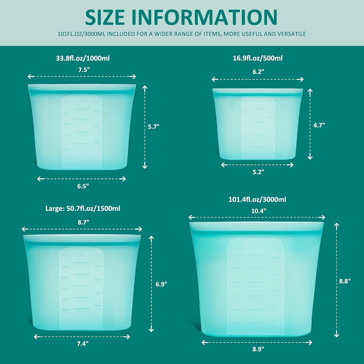 Extra Large Reusable Silicone Food Storage Bags 4 Pack, 0.8 Gallon/3000ml, 100% Silicone Stand-Up Wide-Open Zip-Lock Reusable Bags for Large Items, Microwave Freezer Oven Dishwasher Safe, Translucent