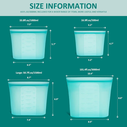 Extra Large Reusable Silicone Food Storage Bags 4 Pack, 0.8 Gallon/3000ml, 100% Silicone Stand-Up Wide-Open Zip-Lock Reusable Bags for Large Items, Microwave Freezer Oven Dishwasher Safe, Translucent