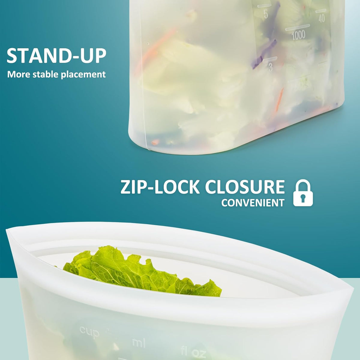 Extra Large Reusable Silicone Food Storage Bags 4 Pack, 0.8 Gallon/3000ml, 100% Silicone Stand-Up Wide-Open Zip-Lock Reusable Bags for Large Items, Microwave Freezer Oven Dishwasher Safe, Translucent