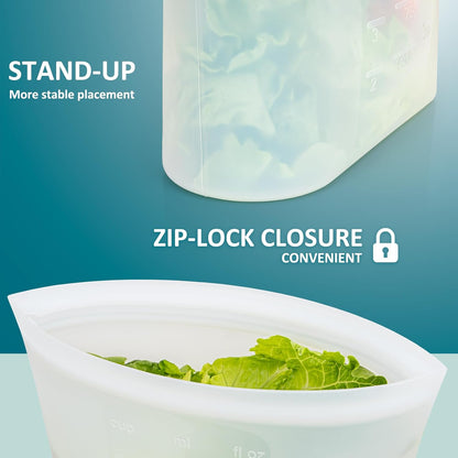 Extra Large Reusable Silicone Food Storage Bags 4 Pack, 0.8 Gallon/3000ml, 100% Silicone Stand-Up Wide-Open Zip-Lock Reusable Bags for Large Items, Microwave Freezer Oven Dishwasher Safe, Translucent