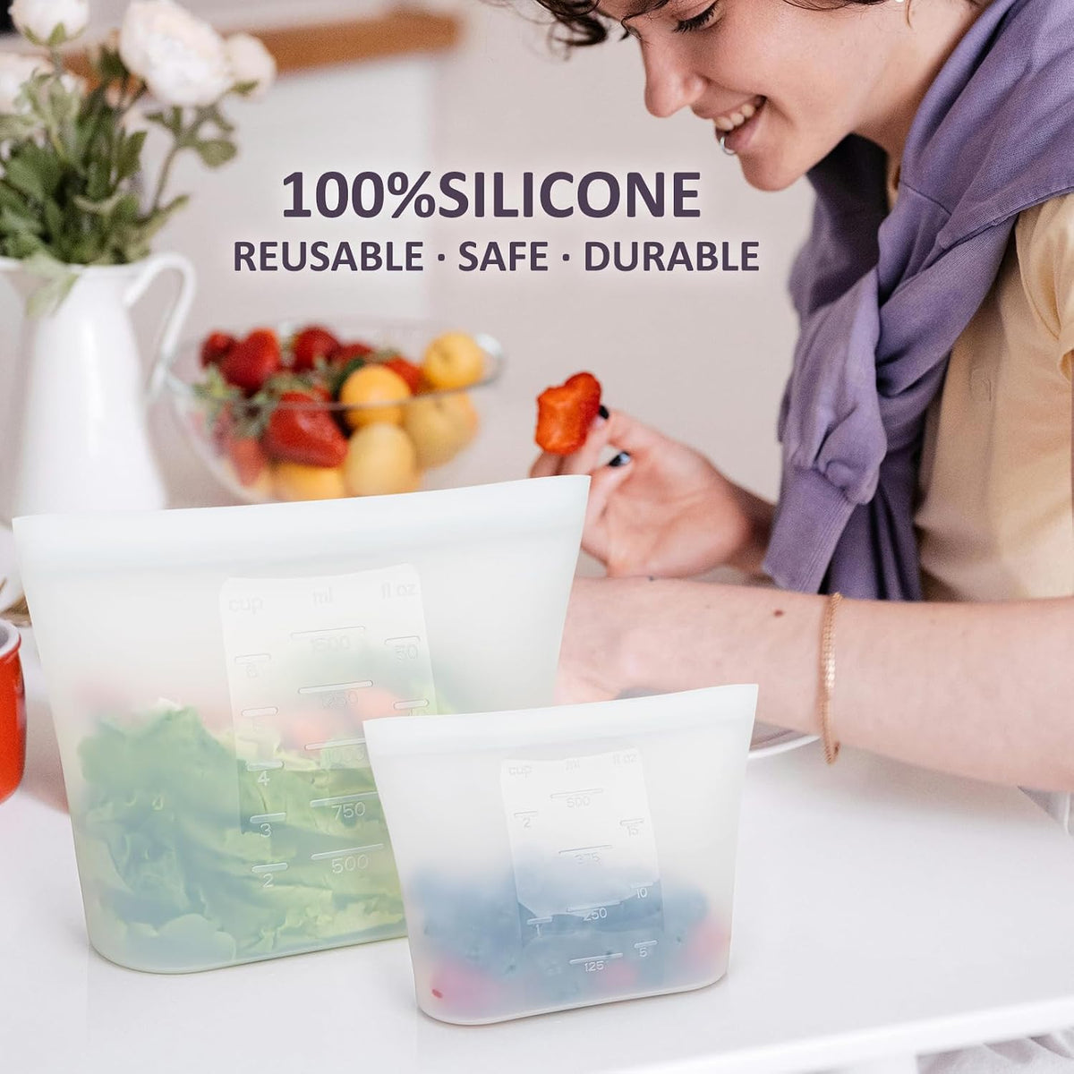 Extra Large Reusable Silicone Food Storage Bags 4 Pack, 0.8 Gallon/3000ml, 100% Silicone Stand-Up Wide-Open Zip-Lock Reusable Bags for Large Items, Microwave Freezer Oven Dishwasher Safe, Translucent