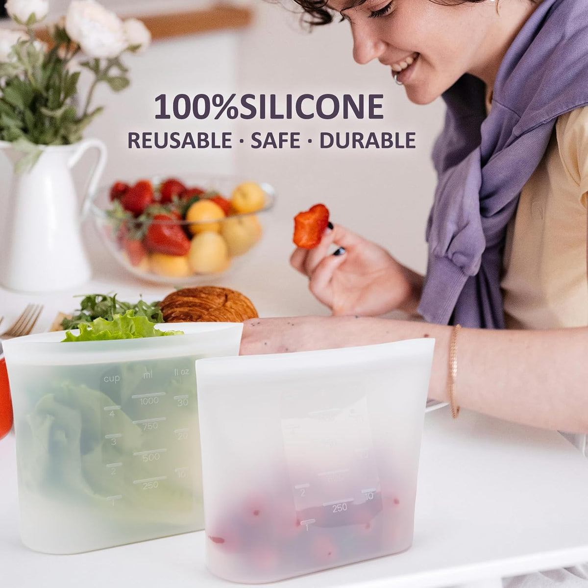 Extra Large Reusable Silicone Food Storage Bags 4 Pack, 0.8 Gallon/3000ml, 100% Silicone Stand-Up Wide-Open Zip-Lock Reusable Bags for Large Items, Microwave Freezer Oven Dishwasher Safe, Translucent