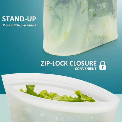 Extra Large Reusable Silicone Food Storage Bags 4 Pack, 0.8 Gallon/3000ml, 100% Silicone Stand-Up Wide-Open Zip-Lock Reusable Bags for Large Items, Microwave Freezer Oven Dishwasher Safe, Translucent