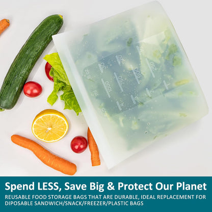 Extra Large Reusable Silicone Food Storage Bags 4 Pack, 0.8 Gallon/3000ml, 100% Silicone Stand-Up Wide-Open Zip-Lock Reusable Bags for Large Items, Microwave Freezer Oven Dishwasher Safe, Translucent