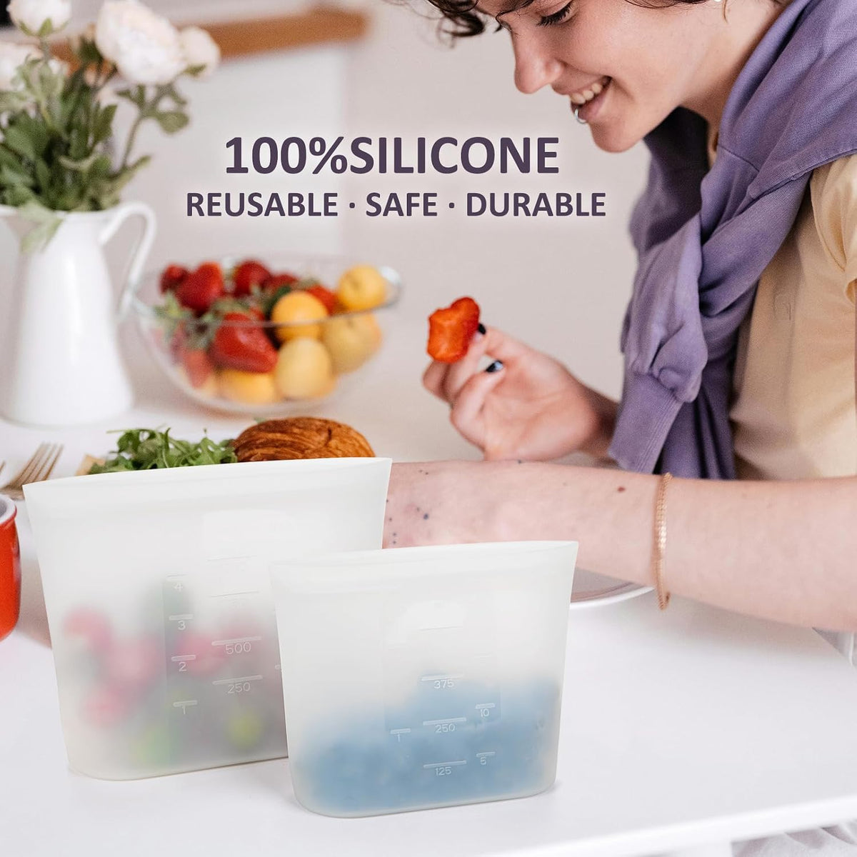 Extra Large Reusable Silicone Food Storage Bags 4 Pack, 0.8 Gallon/3000ml, 100% Silicone Stand-Up Wide-Open Zip-Lock Reusable Bags for Large Items, Microwave Freezer Oven Dishwasher Safe, Translucent