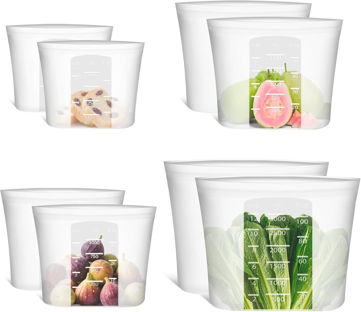 Extra Large Reusable Silicone Food Storage Bags 4 Pack, 0.8 Gallon/3000ml, 100% Silicone Stand-Up Wide-Open Zip-Lock Reusable Bags for Large Items, Microwave Freezer Oven Dishwasher Safe, Translucent
