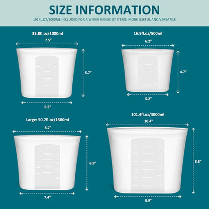 Extra Large Reusable Silicone Food Storage Bags 4 Pack, 0.8 Gallon/3000ml, 100% Silicone Stand-Up Wide-Open Zip-Lock Reusable Bags for Large Items, Microwave Freezer Oven Dishwasher Safe, Translucent