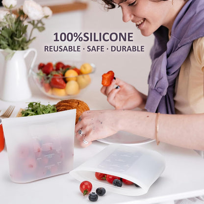 Extra Large Reusable Silicone Food Storage Bags 4 Pack, 0.8 Gallon/3000ml, 100% Silicone Stand-Up Wide-Open Zip-Lock Reusable Bags for Large Items, Microwave Freezer Oven Dishwasher Safe, Translucent