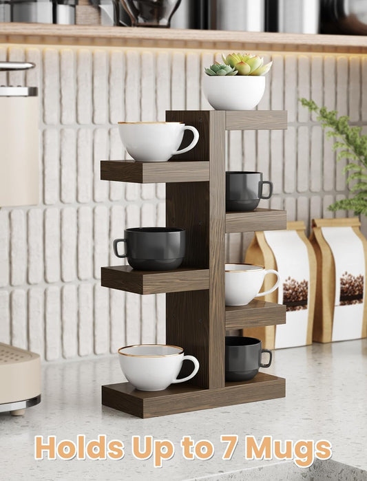 Coffee Mug Holder, Wood Mug Rack, 7 Mugs, Countertop, Vintage