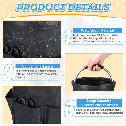 17L Cleaning Caddy with Handle & 6 Pockets, Foldable Cleaning Supply Organizer, Portable Shower Caddy, 600D Oxford Fabric Storage Basket for Home, Camping, Gardening, Bathroom, Cleaning Bag