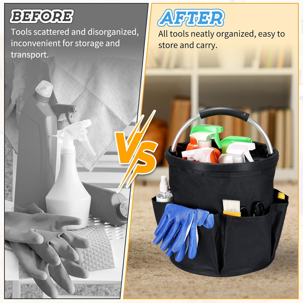 17L Cleaning Caddy with Handle & 6 Pockets, Foldable Cleaning Supply Organizer, Portable Shower Caddy, 600D Oxford Fabric Storage Basket for Home, Camping, Gardening, Bathroom, Cleaning Bag