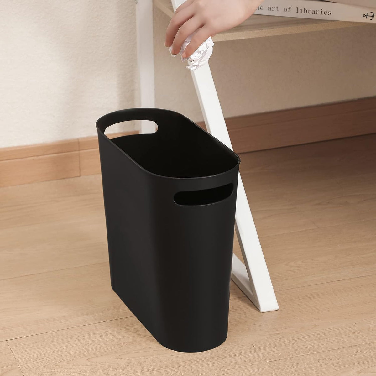 Small Trash Can, 3.5 Gallon Slim Garbage Can Plastic Waste Basket with Handles Container Bin for Narrow Spaces Bathroom, Bedroom, Kitchen, Office at Home, Black