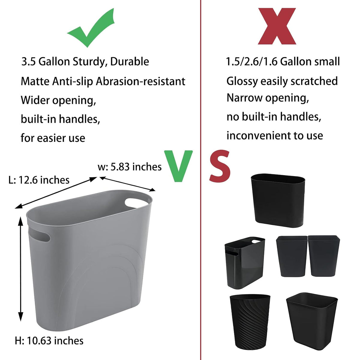 Small Trash Can, 3.5 Gallon Slim Garbage Can Plastic Waste Basket with Handles Container Bin for Narrow Spaces Bathroom, Bedroom, Kitchen, Office at Home, Black