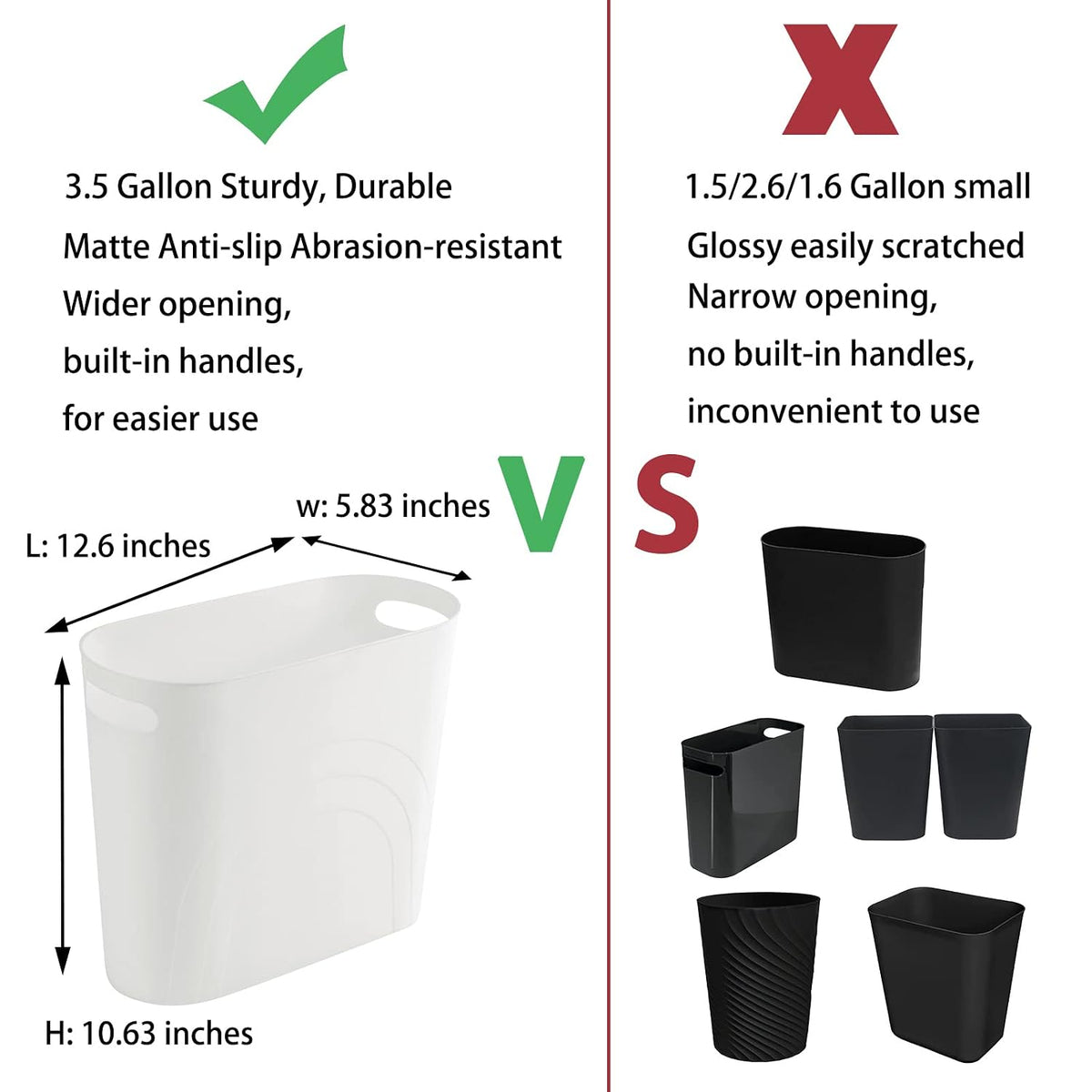 Small Trash Can, 3.5 Gallon Slim Garbage Can Plastic Waste Basket with Handles Container Bin for Narrow Spaces Bathroom, Bedroom, Kitchen, Office at Home, Black