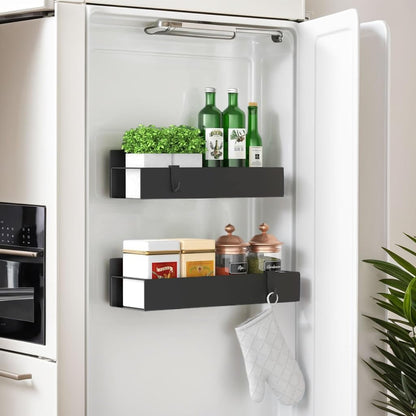 2 Pack Magnetic Spice Storage Rack Organizer for Refrigerator and Oven, Moveable Magnetic Spice Organizer, Black Metal Strong Magnetic Shelf for Fridge and Microwave Oven