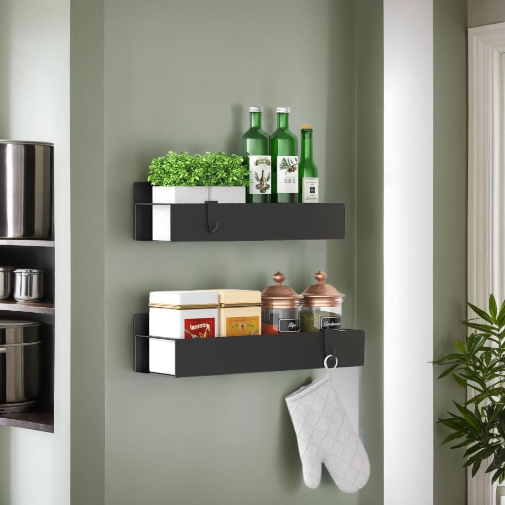2 Pack Magnetic Spice Storage Rack Organizer for Refrigerator and Oven, Moveable Magnetic Spice Organizer, Black Metal Strong Magnetic Shelf for Fridge and Microwave Oven