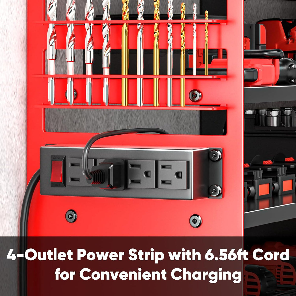 Large Power Tool Organizer Wall Mount with Charging Station,4 Layer Heavy Duty Metal Tool Storage Shelf Loads 600lbs,Battery Utility Rack With 4 Outlet Power Strip with 8 Cordless Drill Holder
