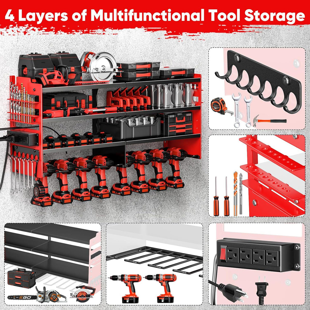 Large Power Tool Organizer Wall Mount with Charging Station,4 Layer Heavy Duty Metal Tool Storage Shelf Loads 600lbs,Battery Utility Rack With 4 Outlet Power Strip with 8 Cordless Drill Holder