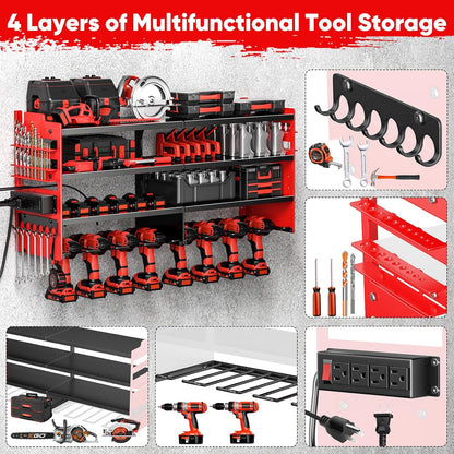 Large Power Tool Organizer Wall Mount with Charging Station,4 Layer Heavy Duty Metal Tool Storage Shelf Loads 600lbs,Battery Utility Rack With 4 Outlet Power Strip with 8 Cordless Drill Holder