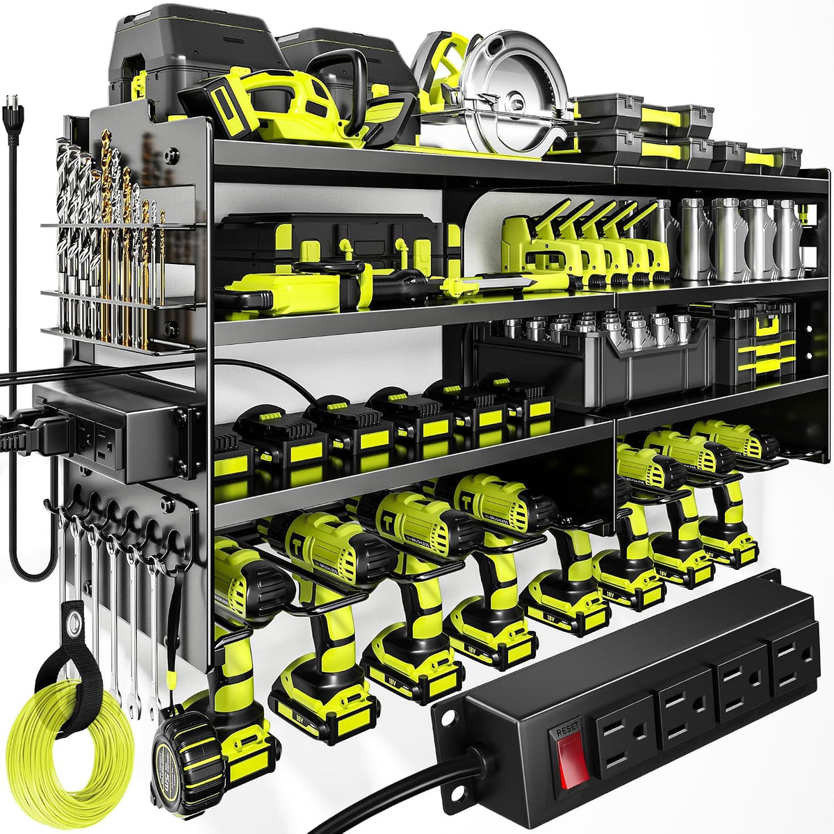 Large Power Tool Organizer Wall Mount with Charging Station,4 Layer Heavy Duty Metal Tool Storage Shelf Loads 600lbs,Battery Utility Rack With 4 Outlet Power Strip with 8 Cordless Drill Holder