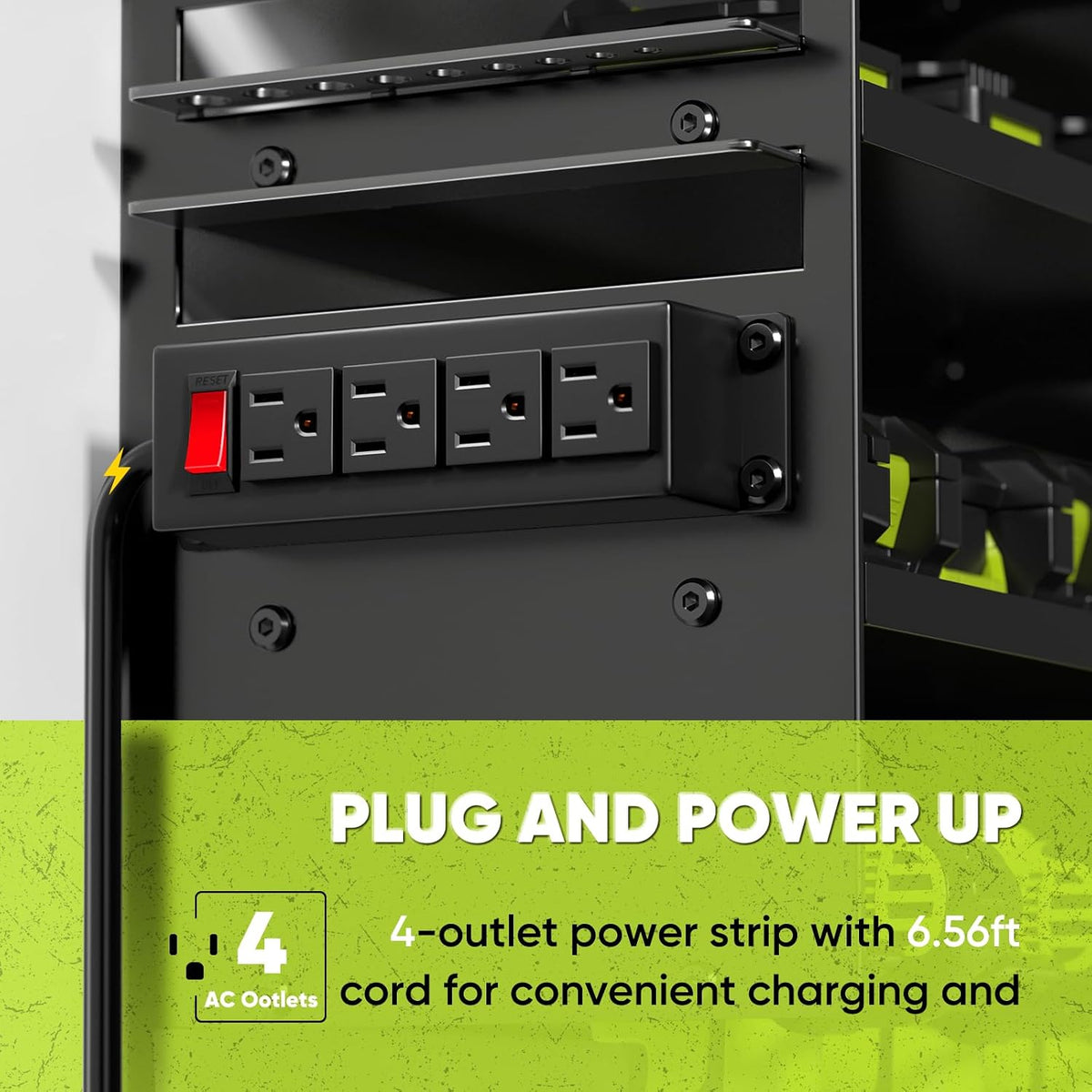 Large Power Tool Organizer Wall Mount with Charging Station,4 Layer Heavy Duty Metal Tool Storage Shelf Loads 600lbs,Battery Utility Rack With 4 Outlet Power Strip with 8 Cordless Drill Holder