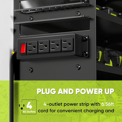 Large Power Tool Organizer Wall Mount with Charging Station,4 Layer Heavy Duty Metal Tool Storage Shelf Loads 600lbs,Battery Utility Rack With 4 Outlet Power Strip with 8 Cordless Drill Holder