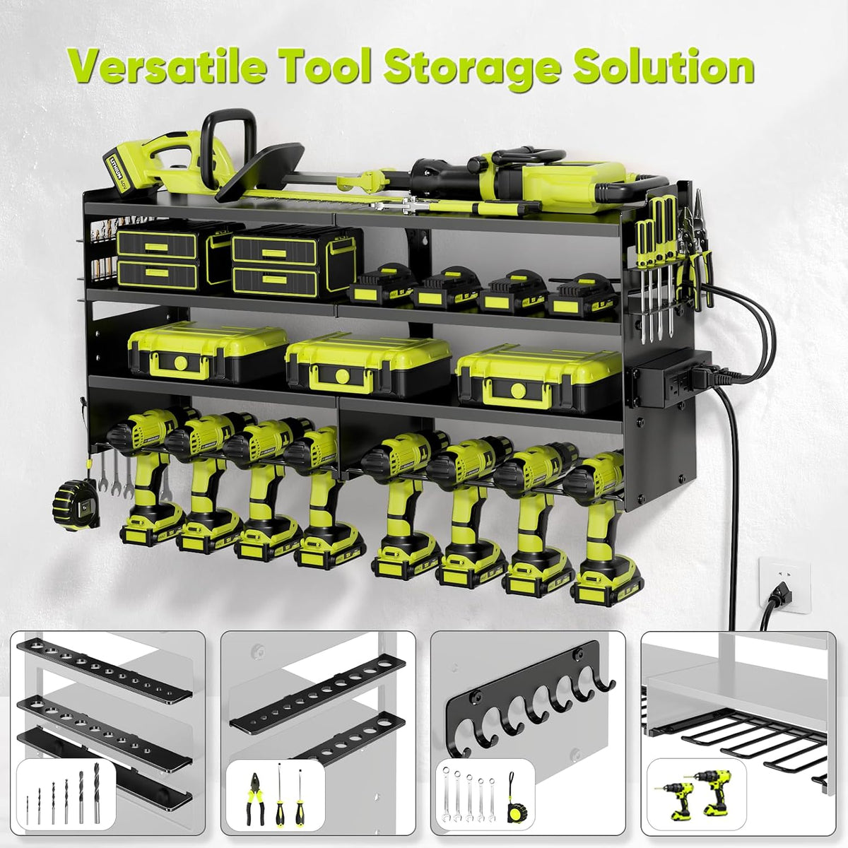 Large Power Tool Organizer Wall Mount with Charging Station,4 Layer Heavy Duty Metal Tool Storage Shelf Loads 600lbs,Battery Utility Rack With 4 Outlet Power Strip with 8 Cordless Drill Holder