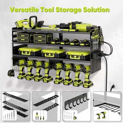 Large Power Tool Organizer Wall Mount with Charging Station,4 Layer Heavy Duty Metal Tool Storage Shelf Loads 600lbs,Battery Utility Rack With 4 Outlet Power Strip with 8 Cordless Drill Holder