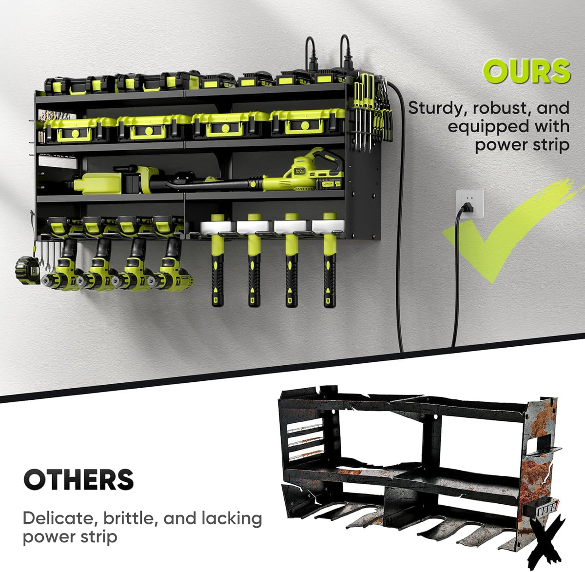 Large Power Tool Organizer Wall Mount with Charging Station,4 Layer Heavy Duty Metal Tool Storage Shelf Loads 600lbs,Battery Utility Rack With 4 Outlet Power Strip with 8 Cordless Drill Holder