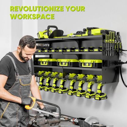 Large Power Tool Organizer Wall Mount with Charging Station,4 Layer Heavy Duty Metal Tool Storage Shelf Loads 600lbs,Battery Utility Rack With 4 Outlet Power Strip with 8 Cordless Drill Holder