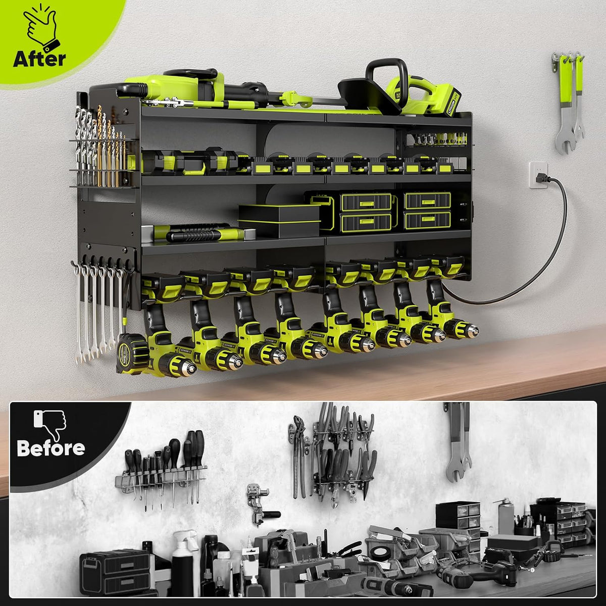 Large Power Tool Organizer Wall Mount with Charging Station,4 Layer Heavy Duty Metal Tool Storage Shelf Loads 600lbs,Battery Utility Rack With 4 Outlet Power Strip with 8 Cordless Drill Holder
