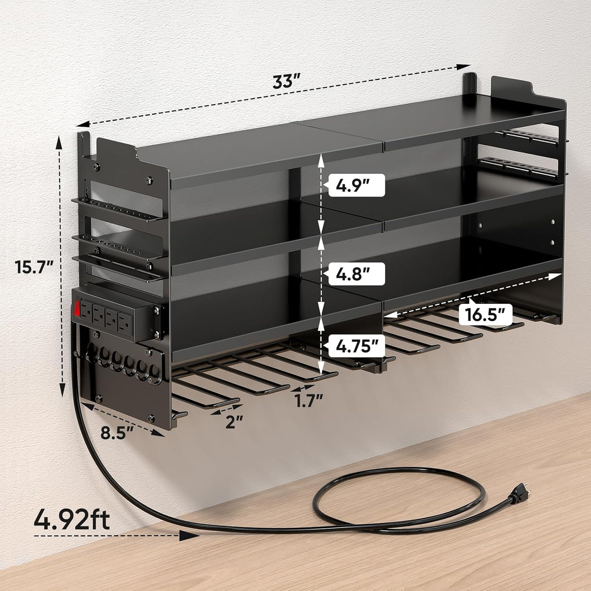 Large Power Tool Organizer Wall Mount with Charging Station,4 Layer Heavy Duty Metal Tool Storage Shelf Loads 600lbs,Battery Utility Rack With 4 Outlet Power Strip with 8 Cordless Drill Holder