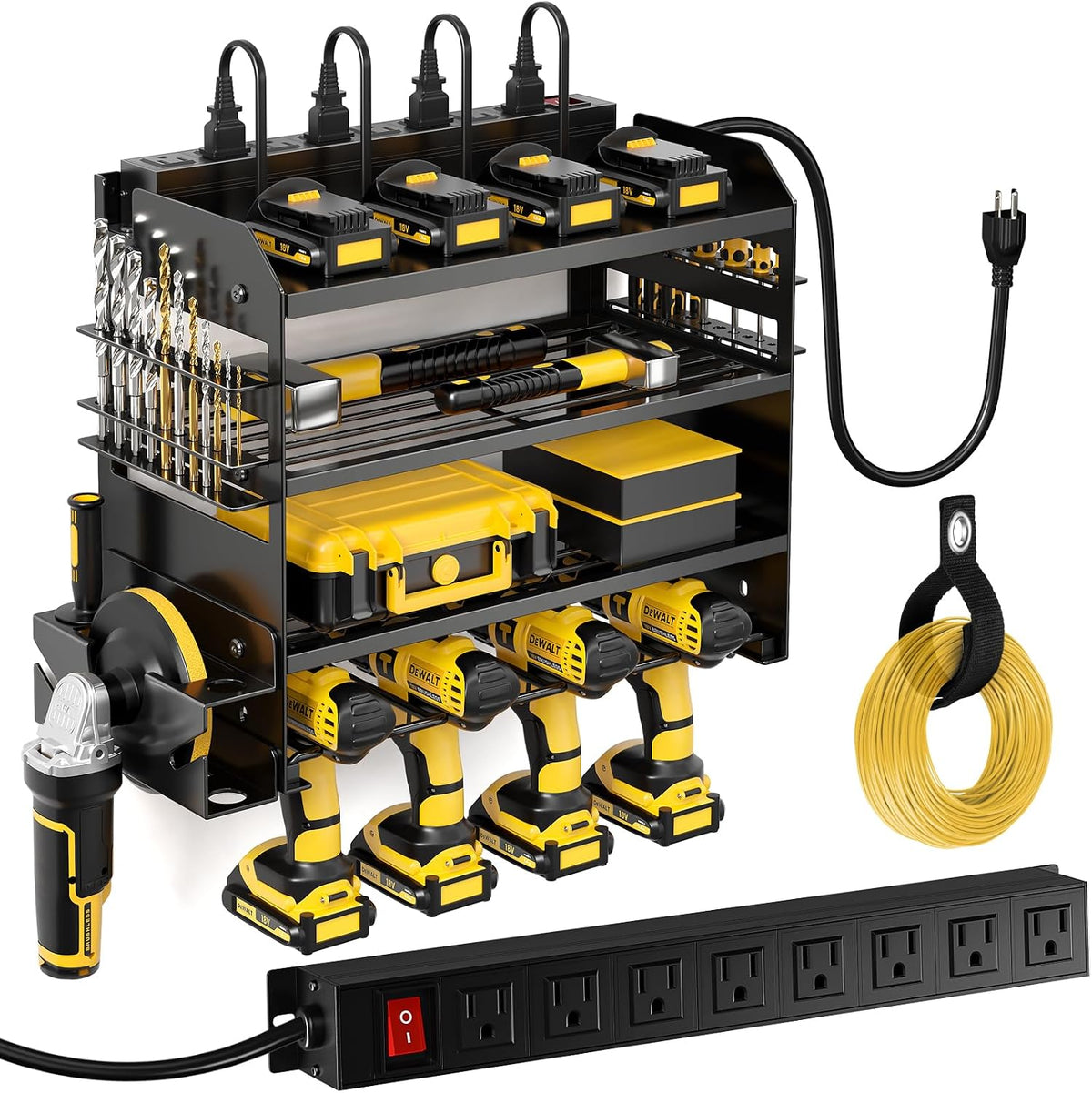 Large Power Tool Organizer Wall Mount with Charging Station,4 Layer Heavy Duty Metal Tool Storage Shelf Loads 600lbs,Battery Utility Rack With 4 Outlet Power Strip with 8 Cordless Drill Holder